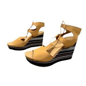 Lucky Brand Yejida Wedge Sandals Size 8.5 Tan Leather Espadrille Strappy Bungee